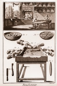 Bouchonnier, fremstilling af korkpropper - "" La Grande Encyclopédie, ou Dictionnaire Raisonne des Sciences, des Arts et des Metiers" (Encyclopedia or Dictionary of the Sciences, Arts and Professions) af Denis Diderot (1713-1784) og Jean d