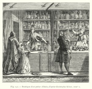 En tin keramikerbutik; efter Christophe Kilian, 1700-tallet (stik) af French School