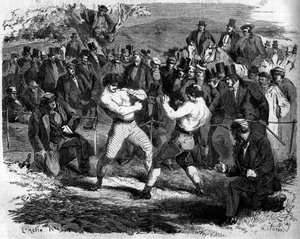 Boksekamp mellem engelske Thomas Sayers (1826-1865) og amerikanske John Carmel Heenan (1833-1873) i Aldershot, England, 17. april af French School