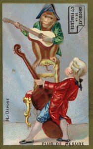 Dreng og abe spiller musikinstrumenter sammen (chromolitho) af French School