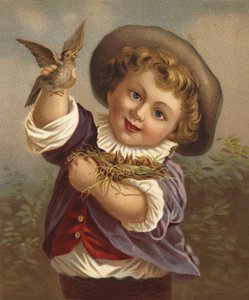 Dreng holder en fugl og fuglereden (chromolitho) af French School
