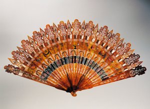 Brise (knust) håndvifte med horn, rødt elfenben, perlemor og skildpaddeskal ribben, Charles X periode (1824-1830), Frankrig af French School