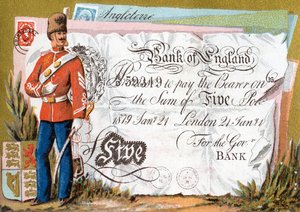 Britisk hærsoldat bevogter en Bank of England Five Pound-seddel, 1886-95 af French School