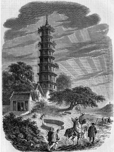 Buddhistisk arkitektur: udvendig udsigt over den ottekantede pagode på Whampoa Island, Kina af French School