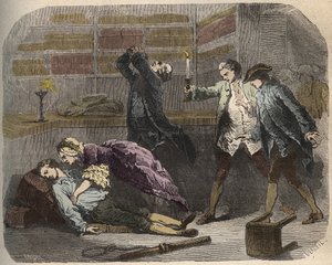 Calas-sag: den 13. oktober 1761 blev Marc Antoine Calas fundet død i familiebutikken i Toulouse - Indgravering i "Causes celebres de tous les peuples" af Armand Fouquier (1817-18?) 1858-1867 - privat samling af French School