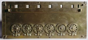 Regnemaskine opfundet af Blaise Pascal (1623-63) i 1642 (træ og metal)