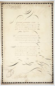 Kalligrafi: Receptionsstykke dateret 1737 af Andre Francois Roland. af French School