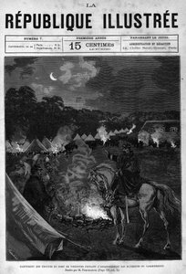 Lejr for tropperne i Fort de Vincennes under oprydningen af kvarterbygningerne. En avis. Indgravering fra 1880 i "La republique illustree"" privatsamling. af French School