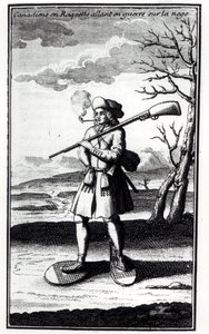 Canadisk med snesko, der går i krig mod sneen, fra Histoire de lAmerique septentrionale af Bacqueville de La Potherie (1663-1736) udgivet i 1753 af French School