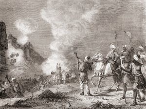 Kanoner brugt som belejringsmaskiner af sultanen Abu Yaqub Yusuf ved belejringen af Sijilmasa, Marokko i 1274, fra Les Merveilles de la Science, udgivet ca. 1870 (kobberstik) af French School