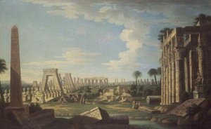 Capriccio med egyptiske ruiner (olie på panel) af French School