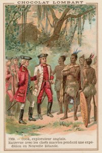 Kaptajn James Cook møde med maorihøvdinge i New Zealand, 1769 af French School