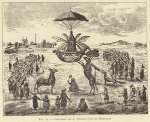 Karikatur på det flyvende fartøj af Blanchard (gravering) af French School