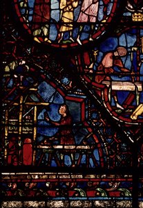 Tømrere på arbejde, detaljer fra Life of St. Julian the Hospitaller vinduet i det nordlige ambulatorium af French School