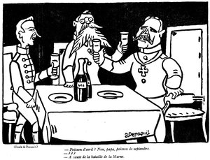 Tegneserie af en tysk soldat og hans far med en satirisk hentydning til den tyske katastrofe ved Marne, fra aprilsnar-udgaven (Poisson dAvril) af magasinet La Baionette, 29. marts 19 af French School