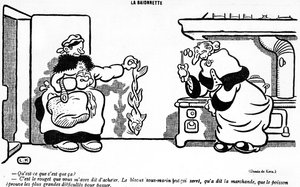 Tegneserie, der skildrer den katastrofale effekt af ubådsblokaden på en fisk købt på et fransk marked, fra aprilsnar-udgaven (Poisson dAvril) af magasinet La Baionette, 29. marts 1917 af French School