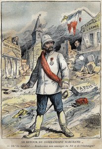 Tegnefilm om kommandør Jean-Baptiste (Jean Baptiste) Marchand (1863-1934), i Toulon, på vej tilbage fra en udforskningsmission (1896-1899) i Afrika. Indgravering i "" Le Pelerin"" 4/06/1899. af French School