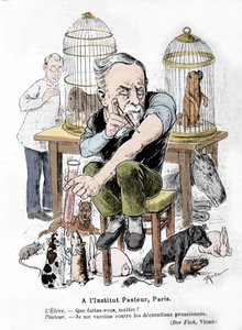 Tegneserierepræsentation af videnskabsmanden Louis Pasteur, opfinderen af vaccinen mod rabies, der vaccinerer sig mod preussiske dekorationer. Udgivet i "Der Floh"" af French School