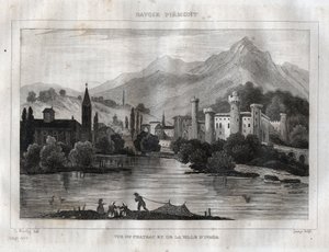 Slottet Ivrea - Castello di Ivrea - Indgravering fra "" Det maleriske Italien"" af M. de Norvins, Ch. Nodier 1834-1836. af French School