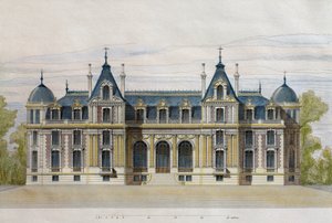 Slottet Neuflize tilhørende Pate Brothers, havefacade, illustration fra Le Moniteur des architectes, 1884, graveret af F. Penel (farvestik) af French School
