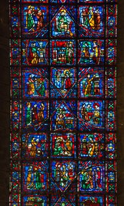 Cathedral of Chartres, farvet glas: Saint fulberts liv, eveque of chartres i det 11. århundredes detaljer af French School