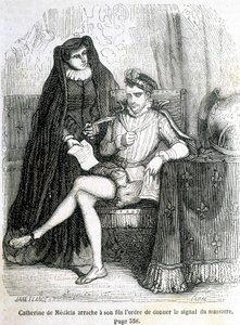 Catherine de Medici (Caterina de Medici) river fra sin søn (Charles IX) ordren om at give signalet om massakren på Saint Barthelemy i 1572 - i "Histoire de France" af L.-P. Anquetil af French School