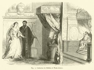 Catherine de Medicis og Nostradamus (gravering) af French School