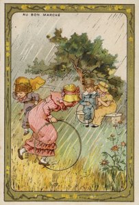 Fanget i regnen (chromolitho) af French School