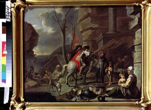""Ryttere ankommer til en kro på vejen"" (Ryttere på et værtshus) Tiggere er installeret foran indgangen. Maleri fra den franske skole i anden halvdel af 1600-tallet. Pushkin Museum, Moskva af French School