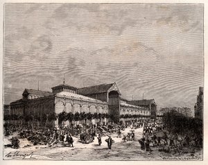 Centrale haller i Paris i det 19. århundrede - indgravering i "La France illustree: geographie, histoire, administration statistique" af V.A. Malt-brun. 1884 af French School