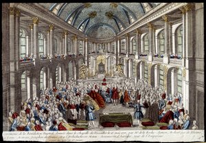 Ceremoni for brudevelsignelsen givet i kapellet i Versailles den 16. maj 1770 af Louis Auguste, delfin fra Frankrig (Louis XVI), og Marie Antoinette af Østrig - gravering af French School