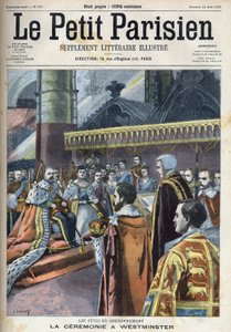 Ceremoni for kroningen i Westminster: Kong Edward VII (1841-1910) og Alexandra af Danmark (1844-1925), i "Le petit Parisien"" af French School