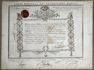 Optagelsesbevis til National Guard of Volunteers of Nantes, 1789 af French School