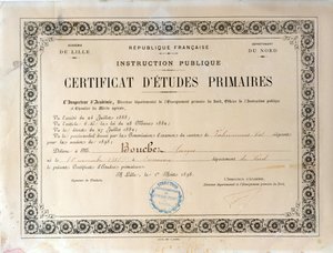 Certificate of Primary Education, Academie de Lille, 1898 (blæk på papir) af French School