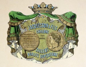 Champagne-etiket for Jacquesson & Fils, Champagne Sillery Marque, midten af det 19. århundrede (farve litho) af French School