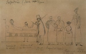 Charcot designet af en af hans elever. Fra venstre mod højre: patient Genevieve i en camisole, Doktor Desire Magloire Bourneville med et termometer, Jean Martin Charcot, Raymond og Brissaud, Me Tirperme og Charles Fere. Holy Queen Room, Salpetriere Hospi af French School