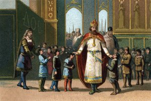 Charlemagne, konge af Frankrig fra 768 til 814 grundlæggeren af skolen fører tilsyn med klasserne. Kromolitografi omkring 1890. af French School