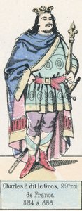 Charles 2 dit le Gros, 29. konge af Frankrig, 884 til 888 (farvegravering) af French School