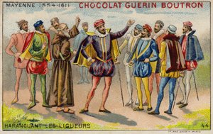 Charles, hertug af Mayenne, taler til medlemmer af den katolske liga (chromolitho) af French School