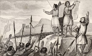 Charles II (823-77) den Skaldede og hans bror Ludvig den Tyske indgår traktat i Strasbourg i 842, fra 