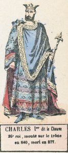 Charles I kaldet den skaldede, 26. konge, besteg tronen i 840, døde i 877 (farvet indgravering) af French School