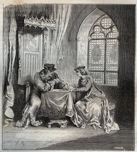 Charles VI (1380-1422) og Odette de Champdivers - Kong Charles VI af Frankrig, kendt som Charles the Good Aime, derefter Charles the Fol (1368-1422) med sin elskerinde Odinette (Odette) de Champdivers (ca. 1390-omkring 1425) spillekort indgravering i "Pari af French School