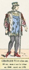 Charles VI kaldet den elskede, 53. konge, besteg tronen i 1380, døde i 1422 (farvet indgravering) af French School