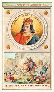 Karl den Fede og vikingernes belejring af Paris, 885-886 (chromolitho) af French School