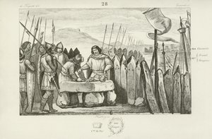 Charles the Fat pays the Vikings 700 pieces of silver to abandon their siege of Paris, 886  af French School