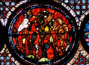Chartres-katedralen, glasmosaikvindue, der forestiller en cirkulær barmhjertig samaritaner Glasmosaikvindue (glasmosaik) af French School