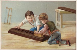 Børn konstruerer en stor chokoladebar i træ, der reklamerer for Suchard Chocolate