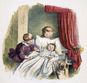 Børn leger en dukke i "" Schnik, schnak, småting til de mindste"", børns spil. udg. London - Georges Ronthedge og sønner. New York, Den brede vej Ludgate n.d. c. 1890. af French School
