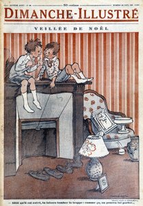 Børn sidder på skorstenen og fanger en fælde ved julemanden, til juleavisen "Le Dimanche illustre" fra 1930 (stik) af French School