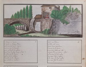 Childs skitse af en vandmølle, 1820 (farvet farveblyant og wc) af French School